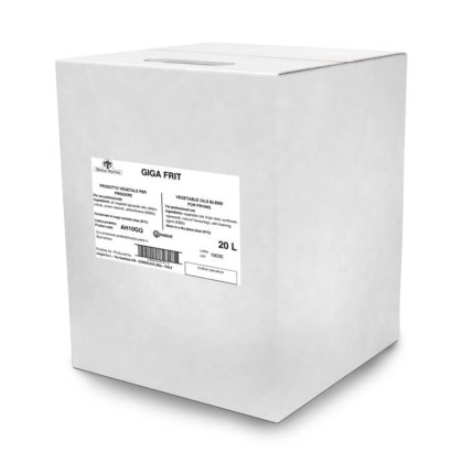 Weißer Karton mit Aufschrift "Giga Frit", 20L Pflanzenölmischung für professionelles Frittieren.