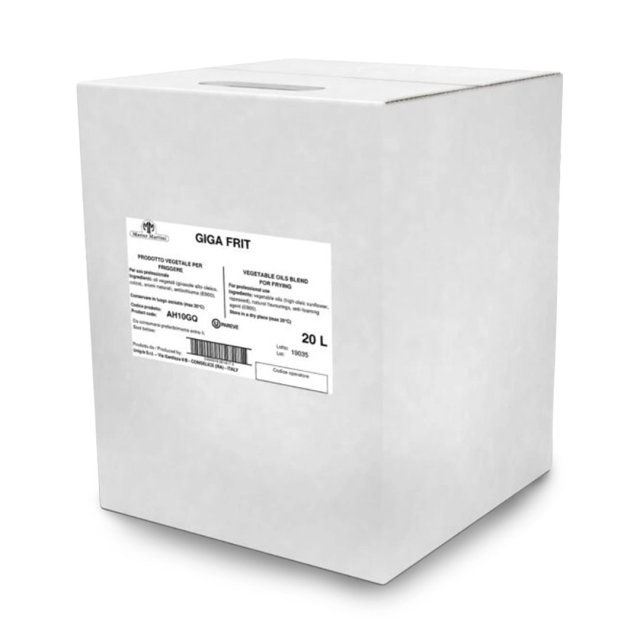 Weißer Karton mit Aufschrift "Giga Frit", 20L Pflanzenölmischung für professionelles Frittieren.