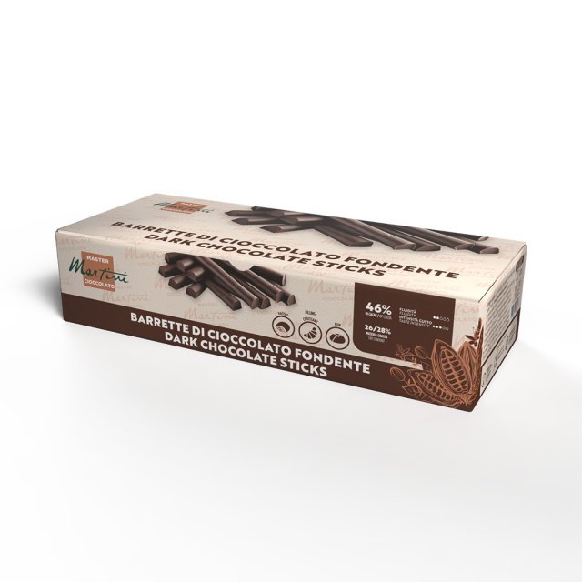 Rechteckige Packung Master Martini Zartbitterschokoladen-Sticks, 46% Kakao, beige-braune Verpackung.