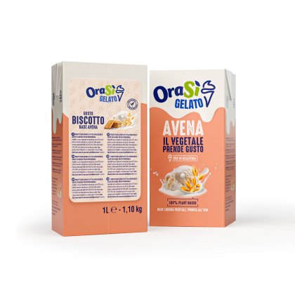 Zwei OraSì Gelato Kartons, Sorten Biscotto und Avena auf Haferbasis, je 1L, mit Eiskugel-Motiv auf der Verpackung.