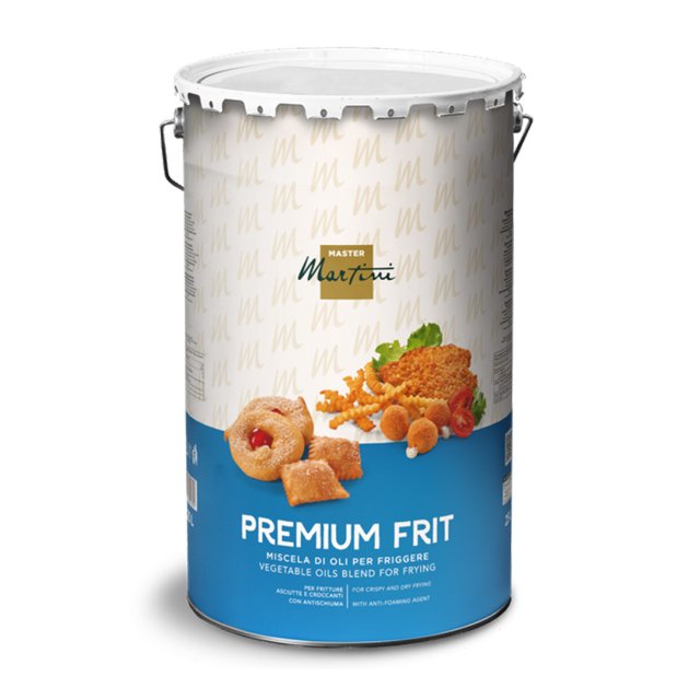 Metalleimer Master Martini Premium Frit, Pflanzenölmischung zum Frittieren, mit Bildern von frittierten Speisen.