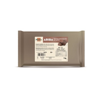 Beige 1kg-Kunststoffverpackung mit Milchschokoladenblöcken Martini Ariba, 32% Kakao, mit Etikett und Stücken