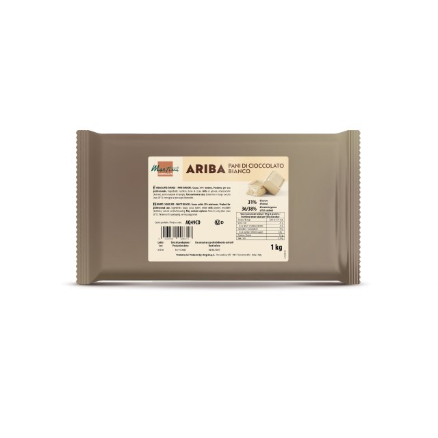 1kg-Packung weiße Schokolade Marchesi Ariba in Blöcken, beige Verpackung mit Nährwertangaben.