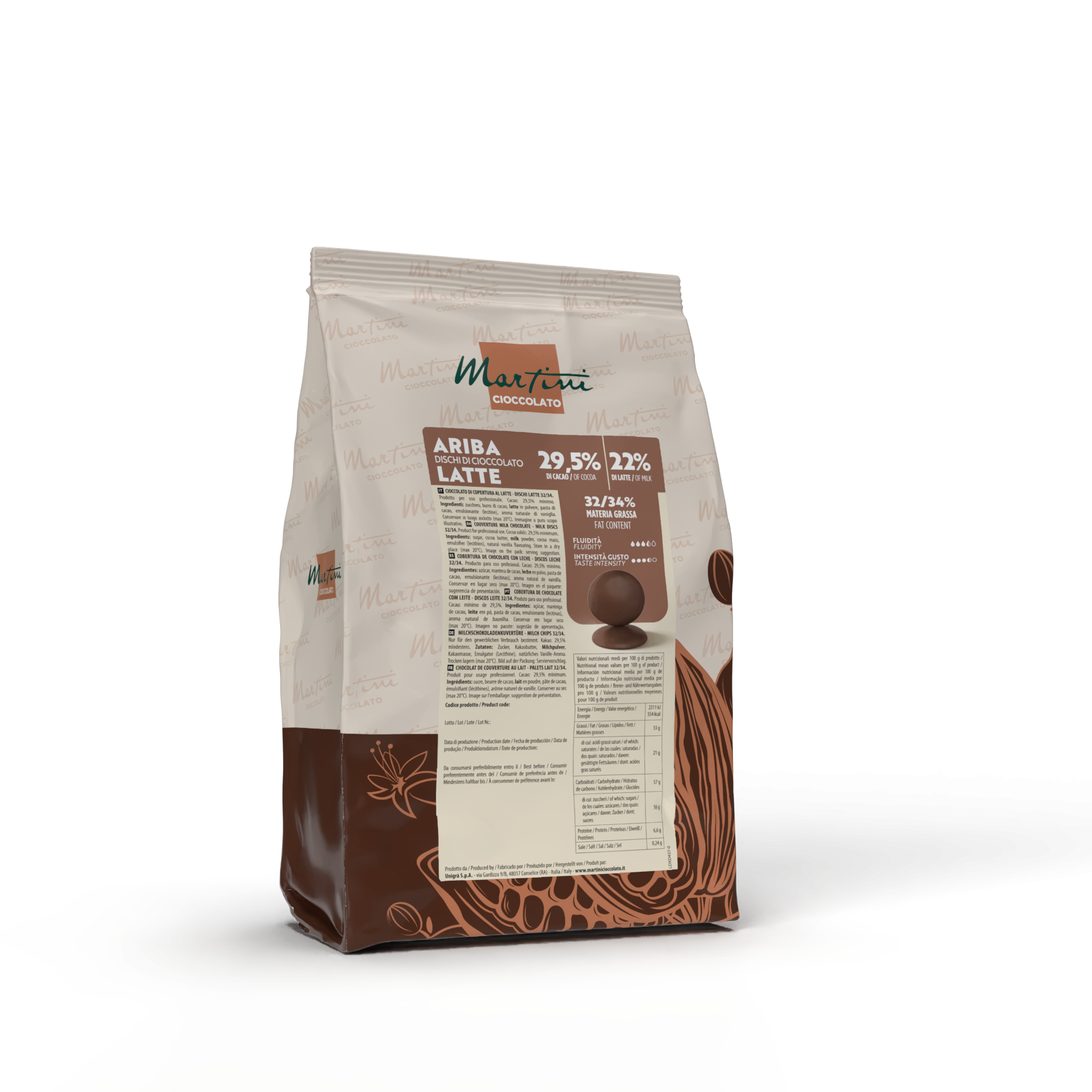 Standbeutel mit Milchschokoladen-Chips Martini Cioccolato Ariba, 29,5% Kakao, mit Kakaobohnen-Grafik