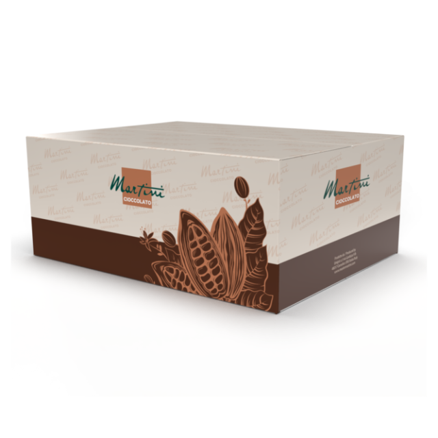 Cremefarbene und braune Verpackung von Martini Cioccolato mit Kakaoschoten und -bohnen auf den Seiten.