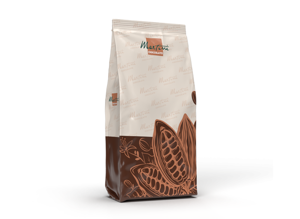 Standbeutel Martini Cioccolato Trinkschokolade mit cremefarbenem Etikett und Kakaoschoten-Illustrationen