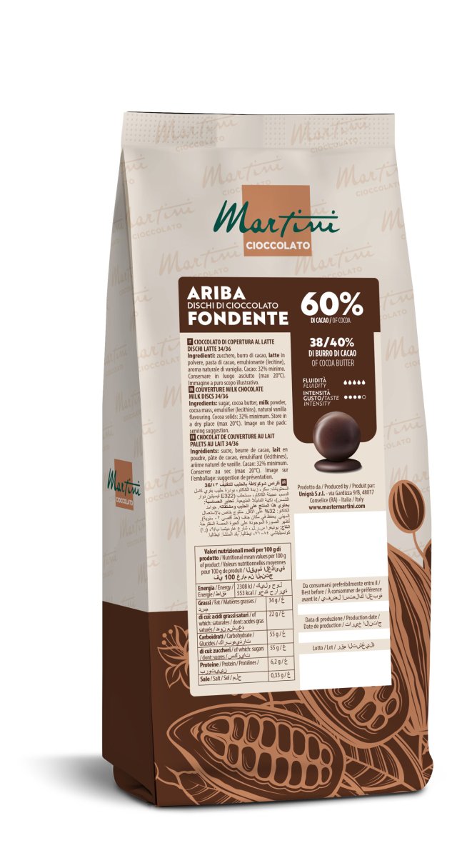 Braune Verpackung von Martini Ariba Fondente 60% Zartbitterschokoladen-Scheiben mit Kakaofrucht-Illustrationen und Nä...