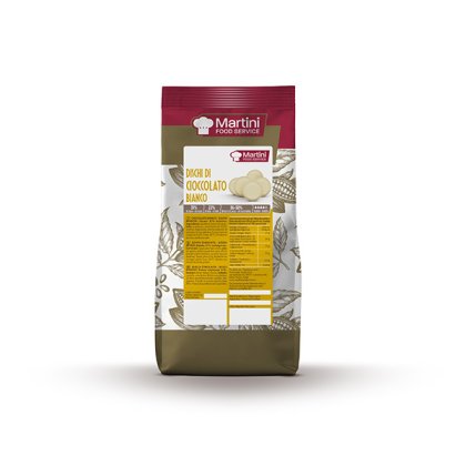 Beutel mit weißen Schokoladendisketten von Martini Food Service, Verpackung bordeaux-olivgrün.