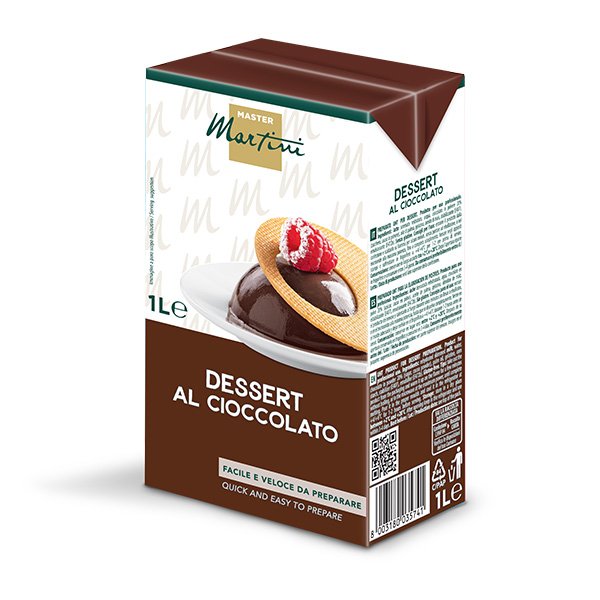 1L-Packung Master Martini Schokoladendessert, Schokoladenpudding mit Himbeeren auf Waffel.