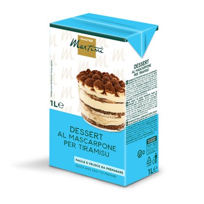 1L-Packung Master Martini Mascarpone-Dessertmix für Tiramisu, mit Tiramisu-Foto auf blauer Verpackung.