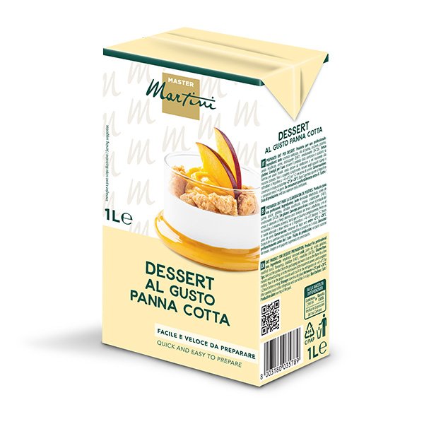 1L-Packung Master Martini Dessertmischung Panna Cotta, Creme im Glas mit Pfirsichscheiben.