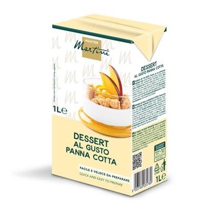 1L-Packung Master Martini Dessertmischung Panna Cotta, Creme im Glas mit Pfirsichscheiben.