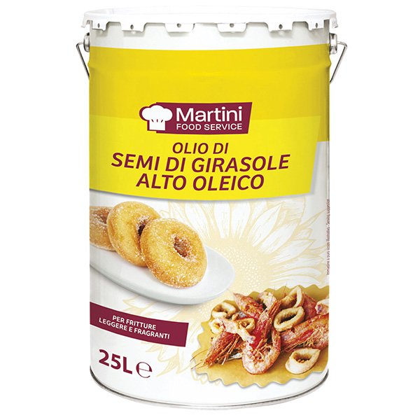 25L-Metalldose Martini Food Service High-Oleic-Sonnenblumenöl zum Frittieren, mit Donuts und frittiertem Meeresfrüchten