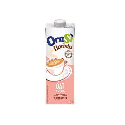 1-Liter-Packung OraSì Barista Haferdrink, pflanzlich, hergestellt in Italien, mit Kaffeetasse auf rosa Verpackung.
