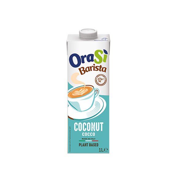 1-Liter-Packung des pflanzlichen Getränks OraSì Barista Coconut, petrolfarbene Verpackung mit Latte-Tasse, hergestell...
