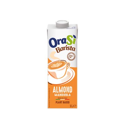 1L Packung OraSì Barista Almond Pflanzendrink, orangefarbene Verpackung mit Tassen-Grafik, hergestellt in Italien.