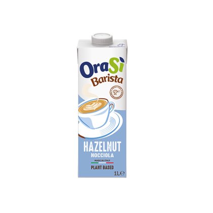 1-Liter-Packung OraSì Barista Hazelnut Pflanzendrink, hellblaues Etikett mit Cappuccino-Illustration.