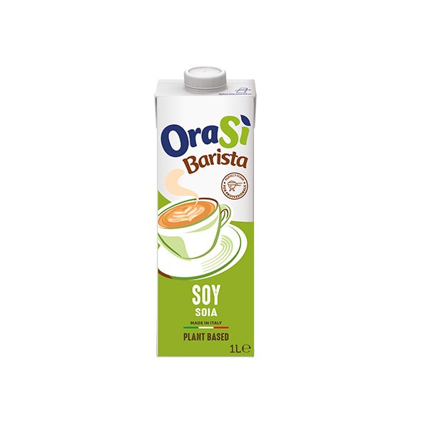 1-Liter-Packung OraSì Barista Soja-Pflanzendrink, grünes Etikett mit Latte-Tassen-Grafik, hergestellt in Italien