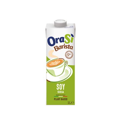1-Liter-Packung OraSì Barista Soja-Pflanzendrink, grünes Etikett mit Latte-Tassen-Grafik, hergestellt in Italien