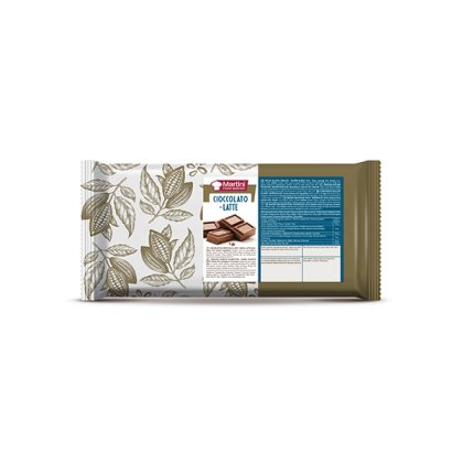 Verpackung der Vollmilchschokolade Martini Food Service mit Kakaoschoten-Illustrationen und Nährwerttabelle.