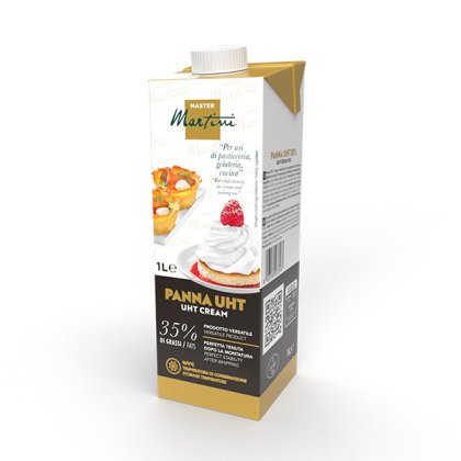1-Liter-Packung Master Martini Panna UHT-Sahne, 35% Fett, mit Gebäck- und Schlagsahnebildern auf dem Etikett.