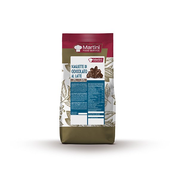 Beutel mit Vollmilchschokoladenflocken Martini Food Service mit Kakaoblatt-Design.