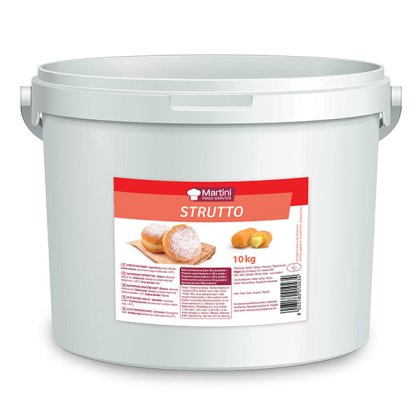 Weißer 10-kg-Eimer Martini Strutto Backschmalz, rotes Etikett mit gezuckerten Donuts und Gebäck.