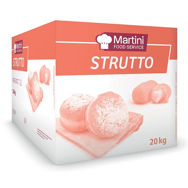 20-kg-Karton Martini Food Service Strutto mit bestäubtem Gebäck auf einem Schneidebrett.