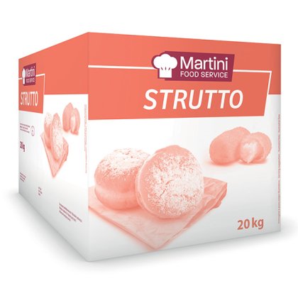 20-kg-Karton Martini Food Service Strutto mit bestäubtem Gebäck auf einem Schneidebrett.