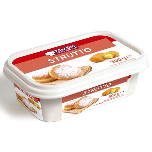 Weißer Kunststoffbehälter Martini Food Service Schmalz, 500g, rotes Etikett mit gezuckerten Donuts.