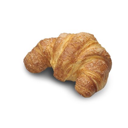 Goldbrauner Croissant mit blättriger, zuckriger Kruste, halbmondförmig, auf weißem Hintergrund.