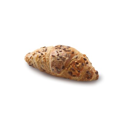 Goldbraun gebackenes Croissant mit gemischten Saaten, auf weißem Hintergrund.