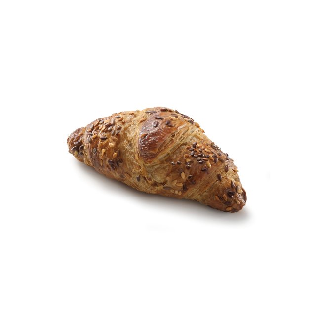 Goldbrauner Mehrkorn-Croissant mit Saatenmischung, auf weißem Hintergrund.