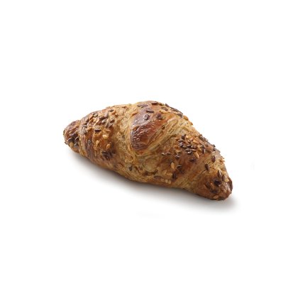 Goldbrauner Mehrkorn-Croissant mit Saatenmischung, auf weißem Hintergrund.