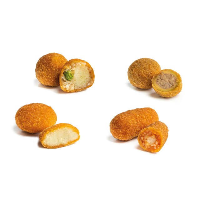 Vier panierte, frittierte Kroketten, ganz und halbiert, mit Füllungen wie Käse, Fleisch und Tomatensauce.