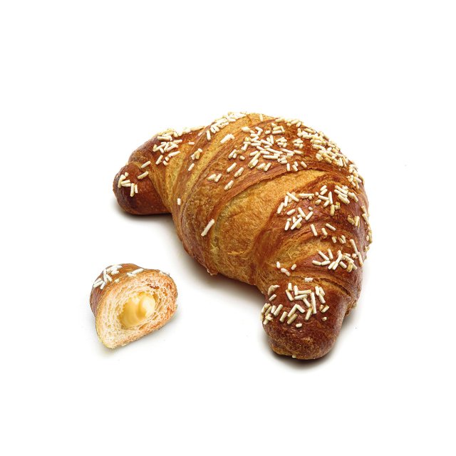 Goldener Croissant mit weißen Zuckerstreuseln, daneben ein aufgeschnittenes Stück mit cremiger Vanillefüllung.
