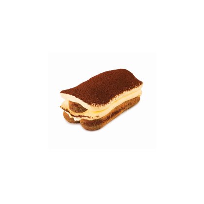 Rechteckiges Tiramisu-Stück mit Löffelbiskuits und Creme, mit Kakao bestäubt, auf weißem Hintergrund