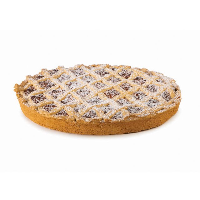 Runde Konfitüretorte mit goldenem Gitterteig und Puderzucker, Fruchtfüllung sichtbar.