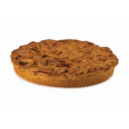 Runde Torte mit Gitterkruste und goldbraun gebackenem Rand, auf weißem Hintergrund.