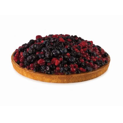 Runde Torte mit goldenem Mürbeteig und glänzenden gemischten Beeren