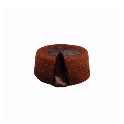 Kleiner runder Schokoladenkuchen mit warmem, flüssigem Schokoladenkern, vor weißem Hintergrund.