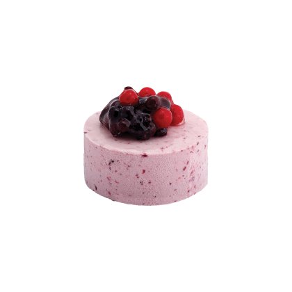 Runde Mousse-Torte mit gesprenkelter rosa Beerenoberfläche, garniert mit glasierten gemischten Beeren