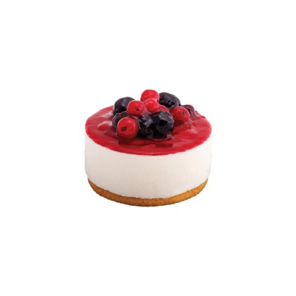 Mini-Cheesecake mit Biskuitboden, weißer Creme, roter Beerenglasur, Blaubeeren und Dekor