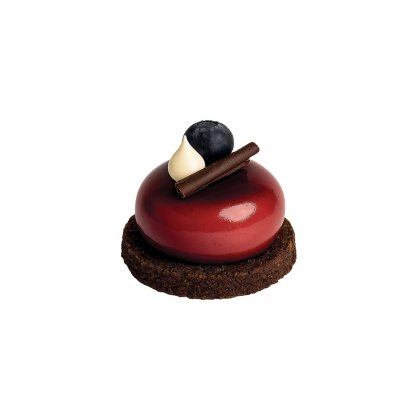 Glänzendes rotes Mousse-Dessert auf Schokoladen-Crumble, mit Blaubeere, weißer Schokoladenwirbel und Schokolade
