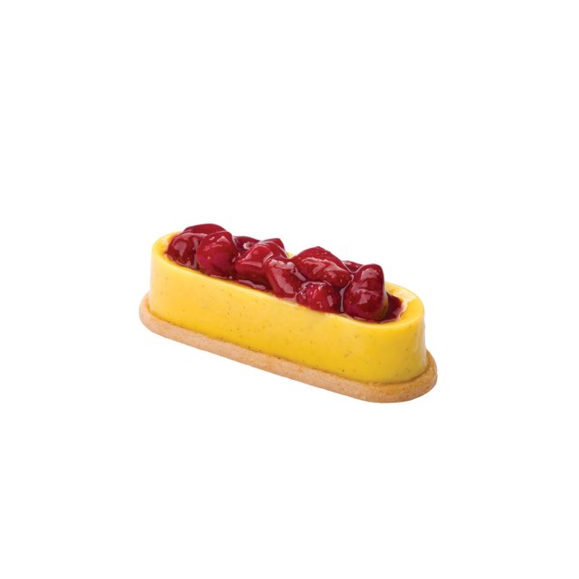 Längliche Tarte mit glänzender gelber Cremefüllung auf Mürbeteigboden, garniert mit roten glasierten Himbeeren.