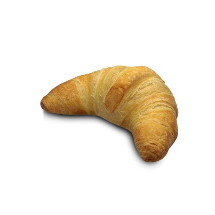 Goldbrauner Croissant in Halbmondform, blättrig, auf weißem Hintergrund.