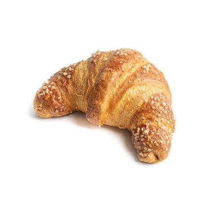 Goldbrauner, blättriger Croissant in gebogener Form, mit grobem Zucker bestreut, auf weißem Hintergrund.