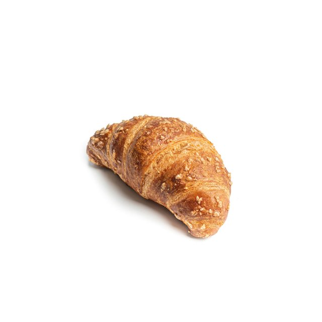 Goldbrauner, gebogener Croissant mit grobem Zuckerstreusel, auf weißem Hintergrund.