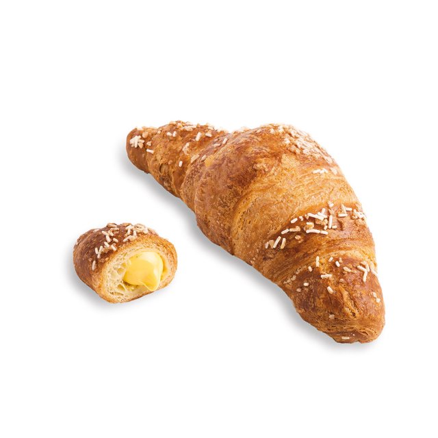 Goldenes Croissant mit weißen Streuseln, daneben ein aufgeschnittenes Stück mit cremiger gelber Füllung.