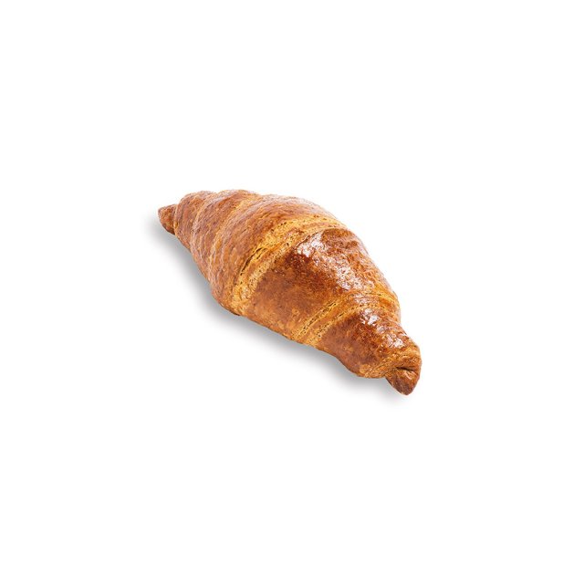 Goldbrauner Croissant mit glänzender, blättriger Kruste auf weißem Hintergrund.